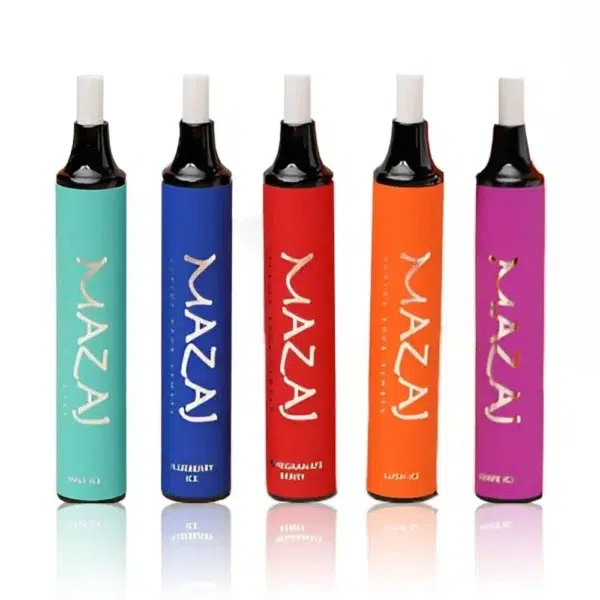 Mazaj Pure 2500 Puffs 20MG Disposable vape, sleek rectangular design with bold branding, Bahrain vape shop featured product.