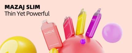 Mazaj Slim disposable vape in sleek thin design, vibrant colors, Bahrain mazaj vape for 5500 puffs.