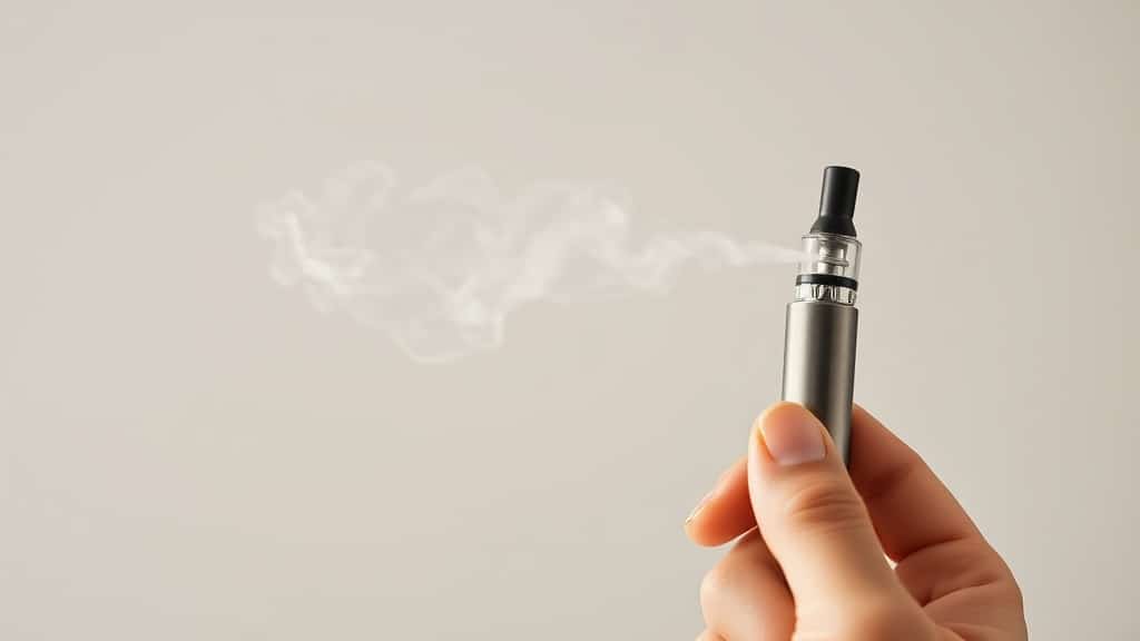 A close‑up of a sleek, modern vape pen emitting a gentle, translucent cloud, held by a relaxed hand against a softly lit, minimalist background, evoking clarity and ease for beginners.