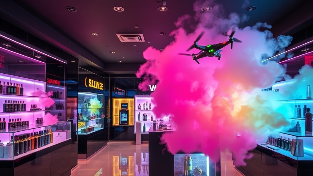 A sleek, modern vape shop interior in Manama, Bahrain, with polished glass displays of premium vape devices and colorful vapor swirling around, illuminated by vibrant neon lights and a subtle hint of a delivery drone hovering outside, against a backdrop of contemporary Arabian architecture.