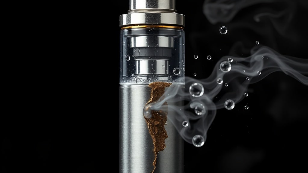 A close‑up of a sleek vape pen split between a gleaming, spotless side and a sticky, grimy half, with sparkling water droplets on the clean side and soft vapor swirling around, all rendered in high‑contrast studio lighting.
