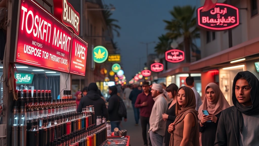 A bustling Bahrain street market at twilight, neon signs illuminating a display of sleek disposable vapes from ultra‑compact 600‑puff models to towering 30,000‑puff powerhouses. Shoppers in modern attire browse the array, their faces illuminated by the glow of the devices, creating a dynamic, futuristic vaping scene.