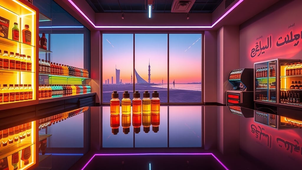 A stylish, contemporary vape shop in Bahrain, neon-lit with shelves of vibrant, translucent vape juice bottles and a glass display case showcasing a rainbow of flavours, with the iconic Bahrain skyline and desert horizon reflected in a polished countertop; the warm, golden hour light bathes the scene, highlighting the glossy bottles and subtle Arabic calligraphy on the walls.