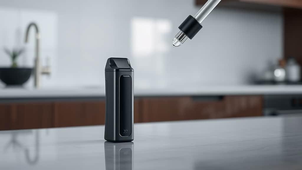 A sleek vape pod sits on a polished kitchen counter, being refilled with a precision drip‑free nozzle that sends a single, perfect droplet into the tank, surrounded by a minimalist, clean environment and a faint mist of vapor that hints at a spill‑free technique.