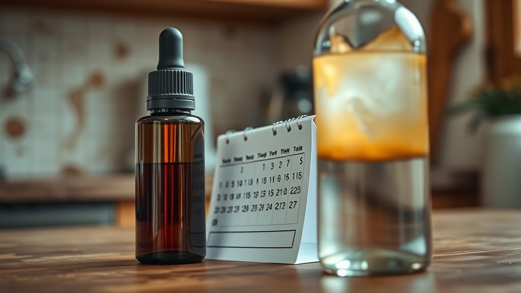 A dramatic close‑up of a sleek e‑liquid bottle on a rustic kitchen counter, a calendar page fluttering beside it, and a second bottle with a cloudy, discolored tint, contrasting freshness and spoilage.