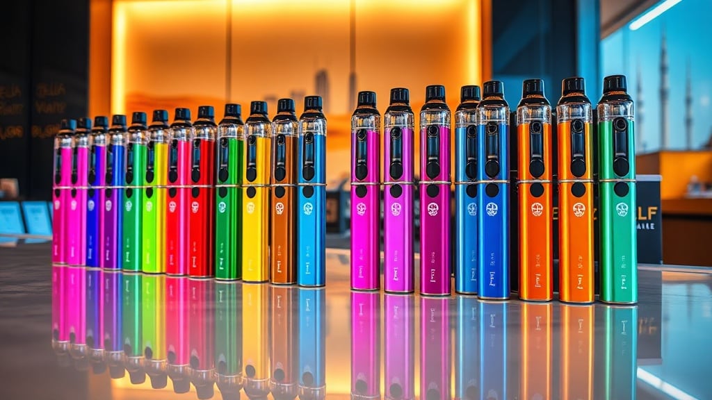 Vibrant close‑up of rows of colorful Elf Bar disposable vapes stacked on a polished counter in a modern Manama vape shop, with subtle reflections of the Bahrain skyline and faint desert sand in the background, showcasing a rainbow of flavors and sleek, metallic packaging. The scene is illuminated with warm, soft lighting that highlights the glossy, futuristic design of the devices and the subtle metallic sheen of their packaging.