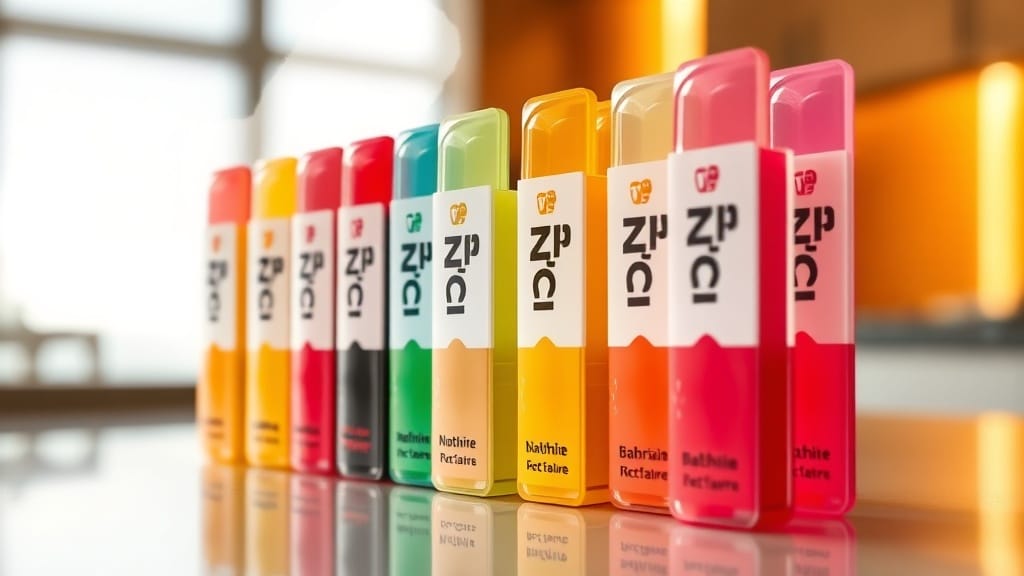 A close‑up of a row of translucent white Zyn nicotine pouches in bright fruit colors, arranged on a glossy countertop. In the background, a faint map of Bahrain subtly overlays, hinting at the guide’s regional focus.
