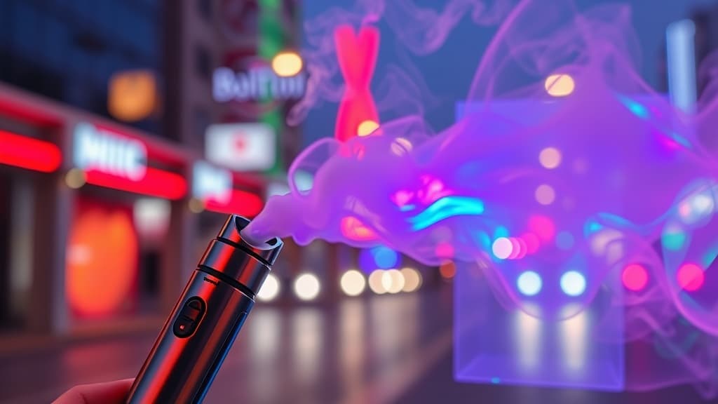A close-up of a sleek, futuristic vape pen emitting a vibrant, iridescent mist, set against a neon‑lit Manama street at twilight, with subtle reflections of Bahrain’s flag colors swirling in the vapor.