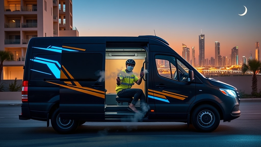 A sleek delivery van with neon blue and gold accents parked outside a modern Bahrain apartment, a rider in a reflective jacket holding a sleek vape kit, vapor swirling around the van’s door, with the illuminated Manama skyline and a crescent moon in the twilight sky.