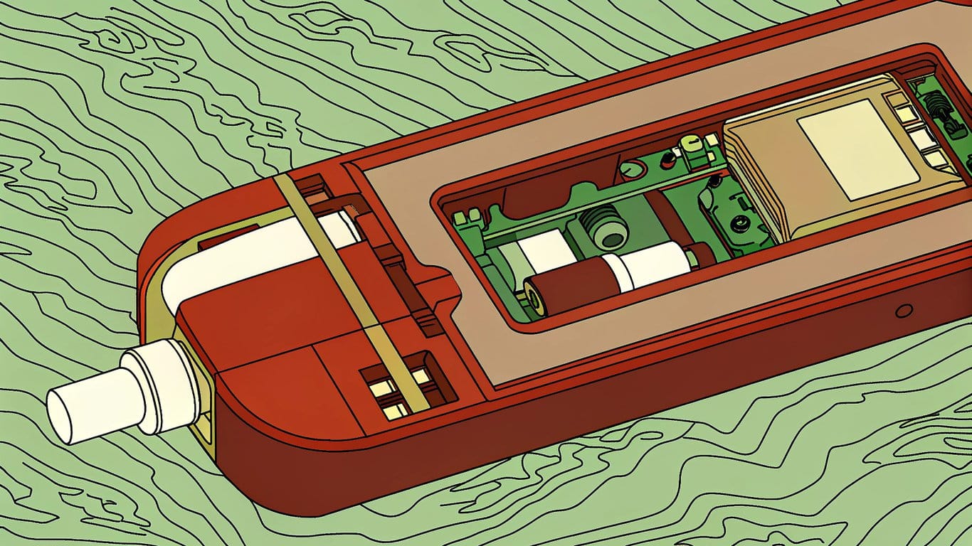 Illustration of a modern disposable vape showing internal components like mesh coil, rechargeable battery, and led display.