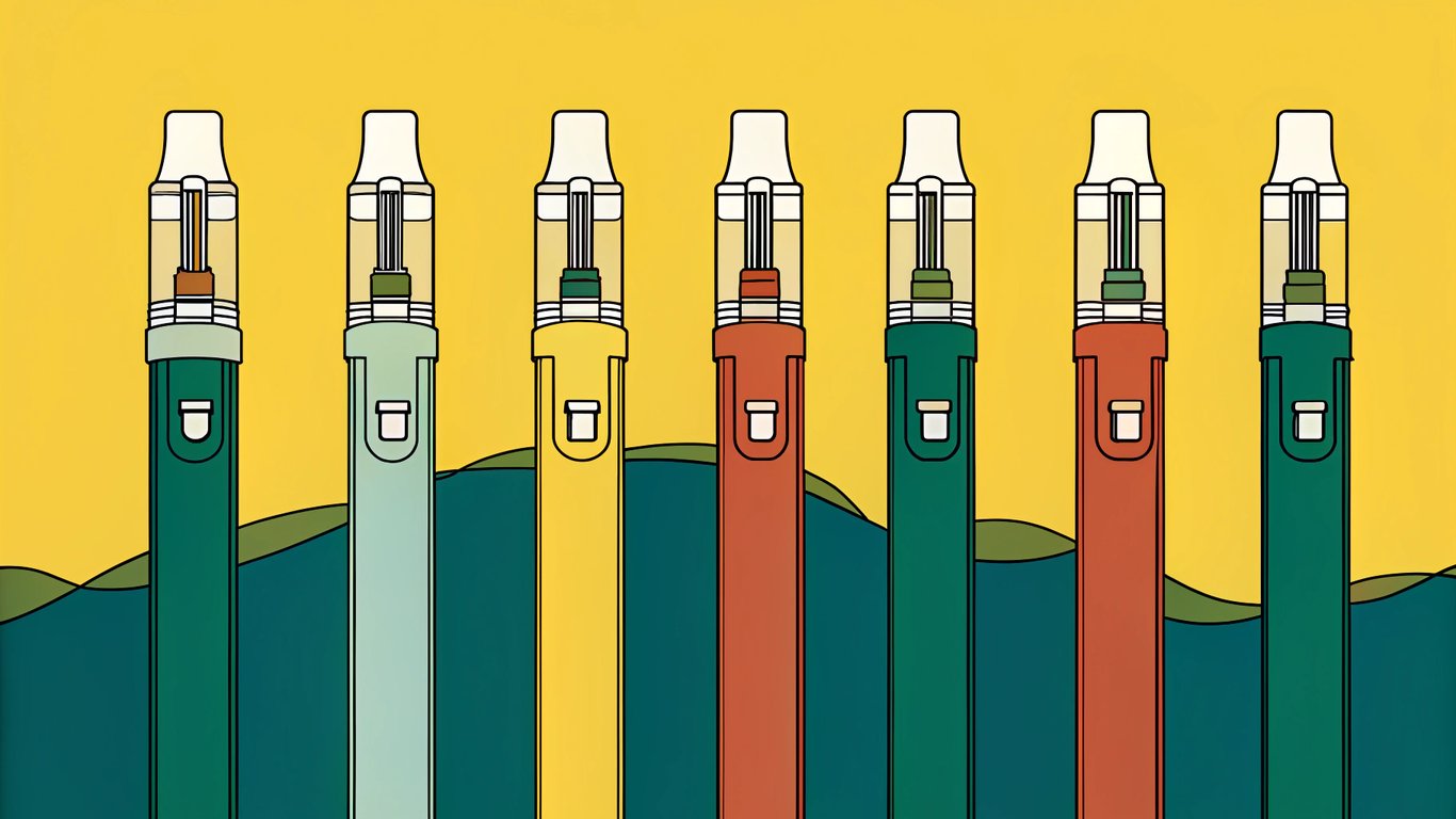 A collection of ten different vape pens displayed in a structured layout.