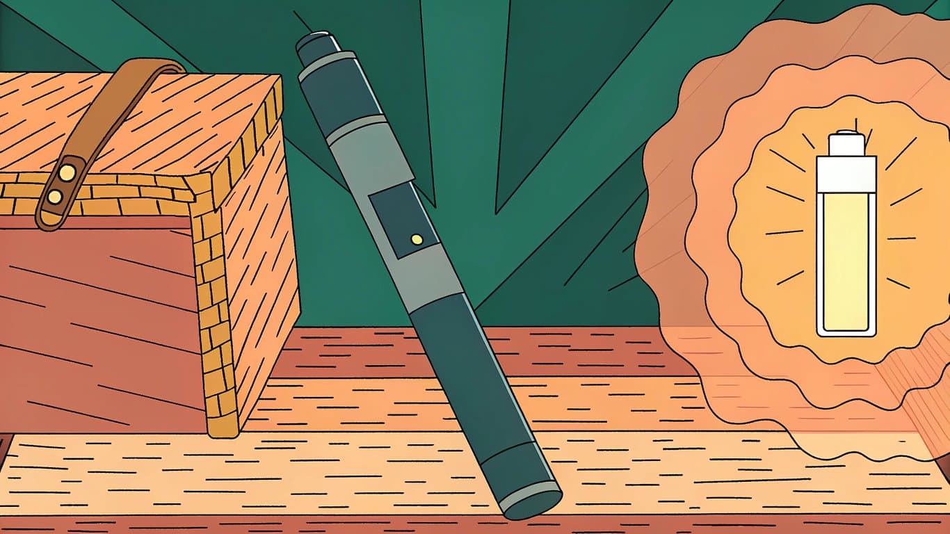 A vape pen accompanied by a large, illuminated battery symbol, indicating superior battery life.