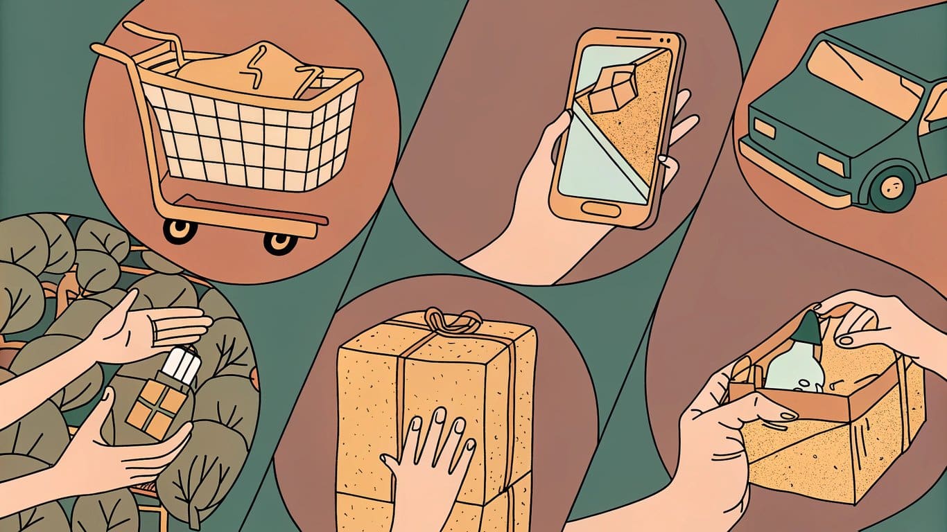 Flowchart illustration showing steps of vape delivery: ordering, payment, preparation, dispatch, and receiving the package.