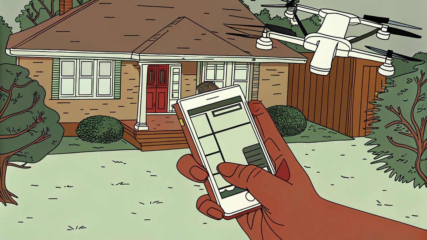 Illustration of a person ordering vape products on a phone with a drone delivering to a house, symbolizing fast and convenient home delivery.
