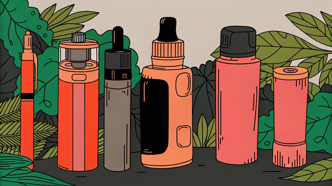 Illustration showing a variety of vape products like disposables, e-liquids, pod systems, and mods.