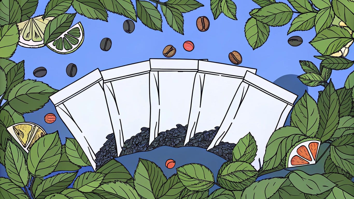 Assortment of zyn pouches with illustrations of mint, citrus, berries, and coffee, representing different flavors.