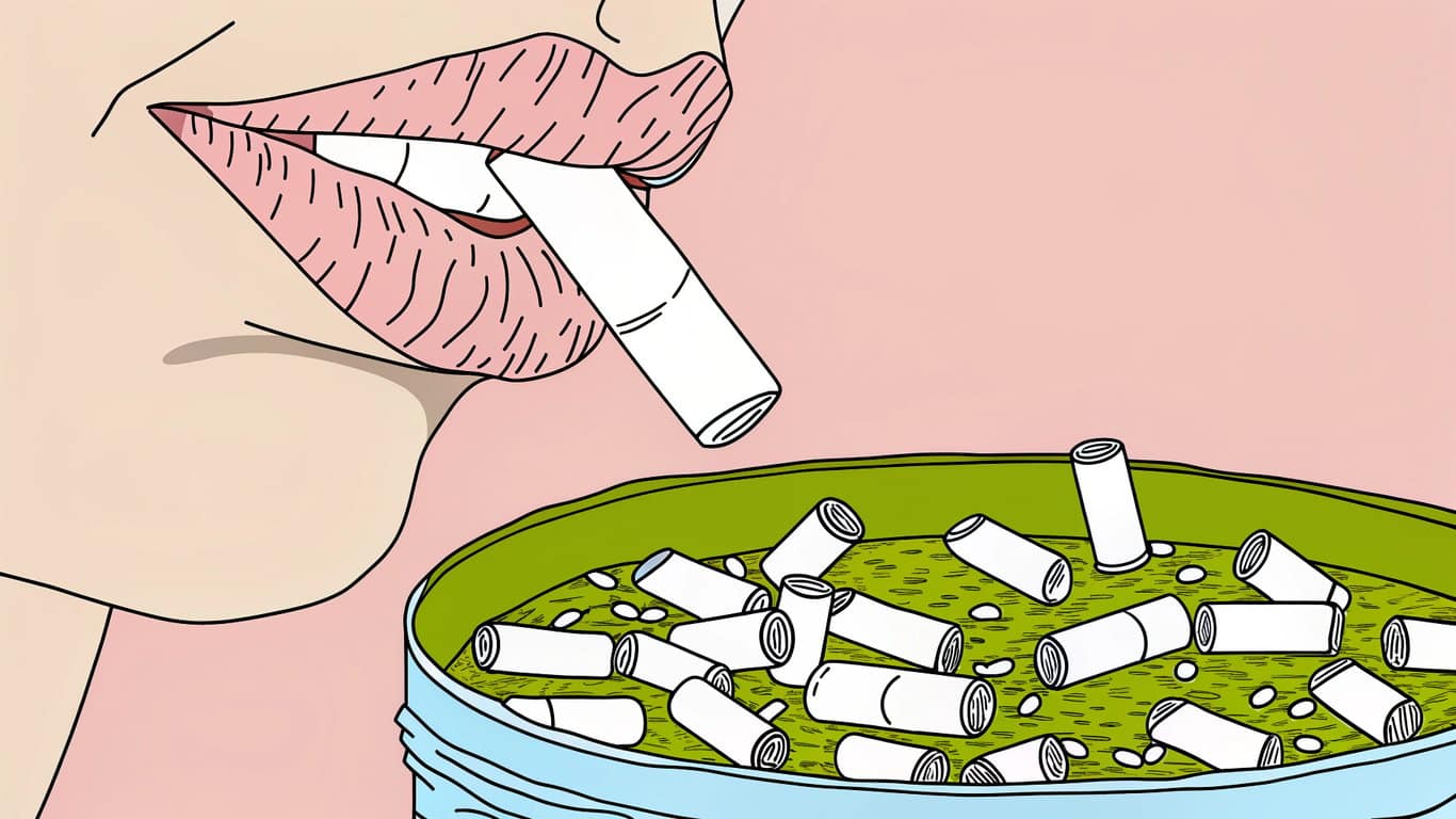 Illustration of zyn nicotine pouches, some shown individually and one placed under a lip to demonstrate use.