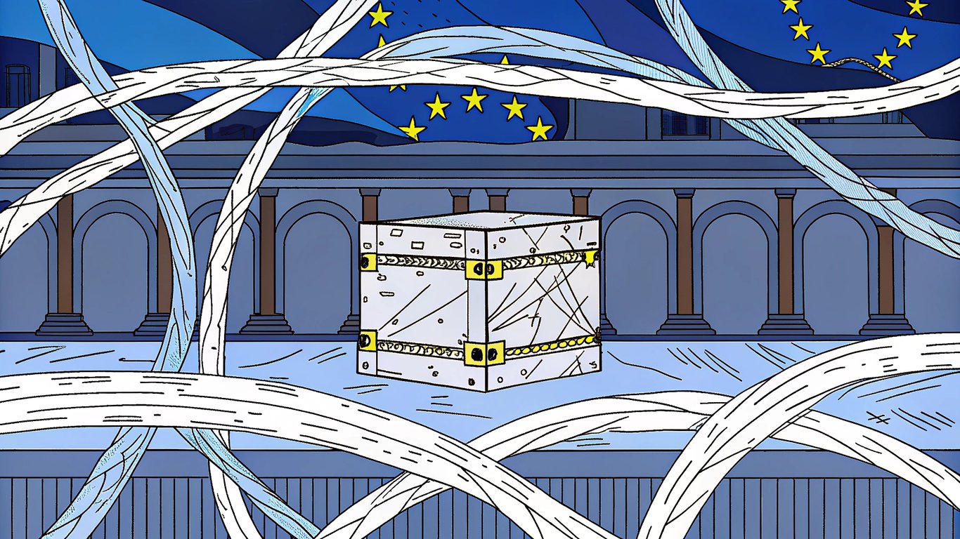 A package navigating a complex customs checkpoint with various regulatory signs, representing international shipping hurdles.