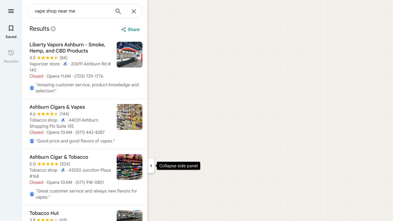 Google maps interface displaying search results for 'vape shop near me' with multiple locations pinned on a map.