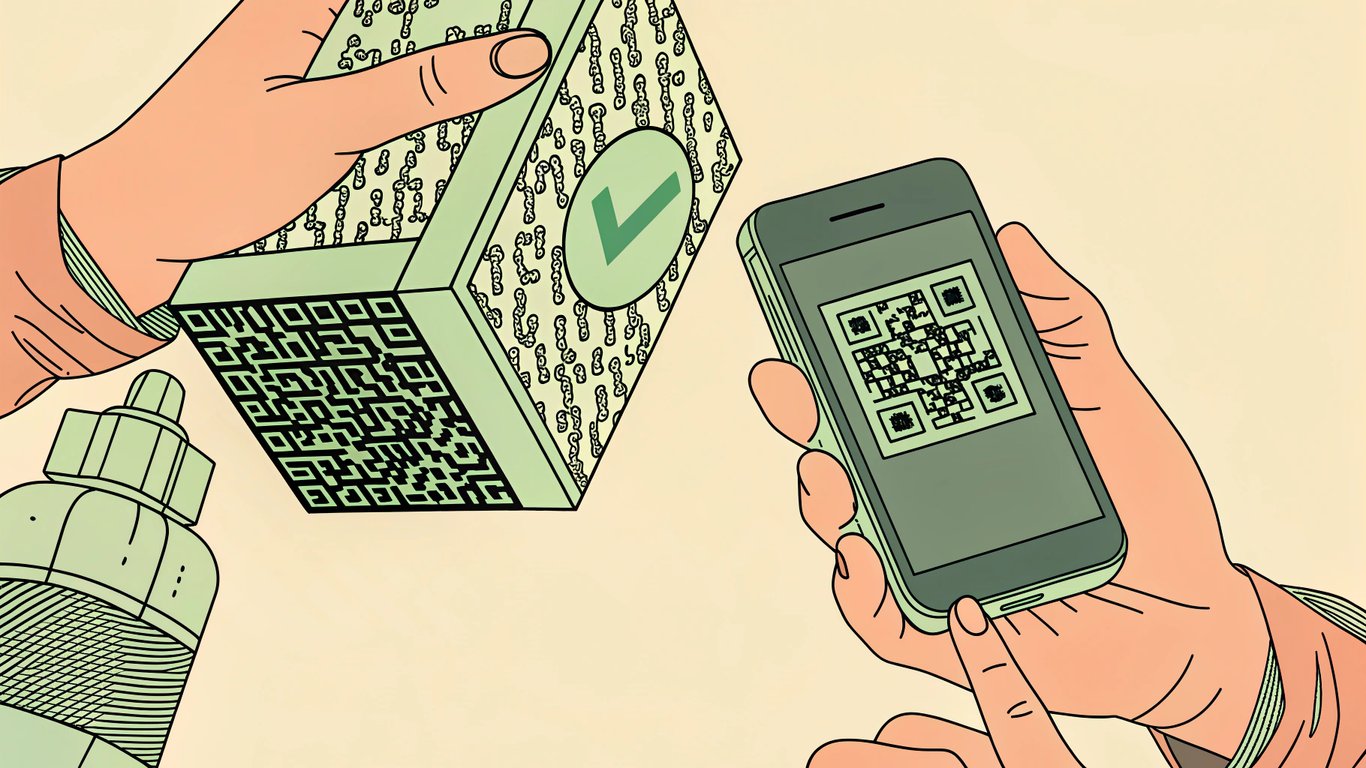 A hand scanning a qr code on a vape product package with a smartphone, showing successful authenticity verification.