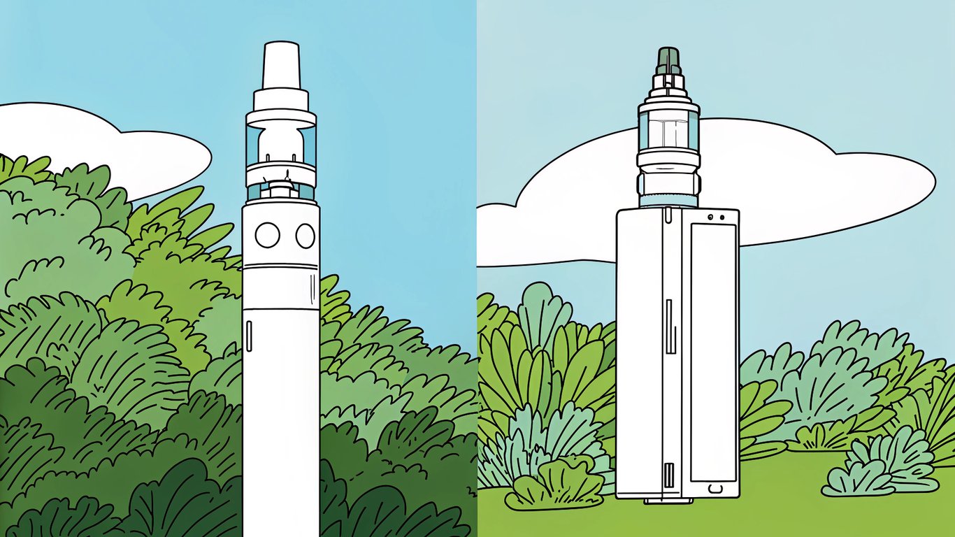 Visual comparison of different vape device types: disposable, pod system, vape pen, and box mod.