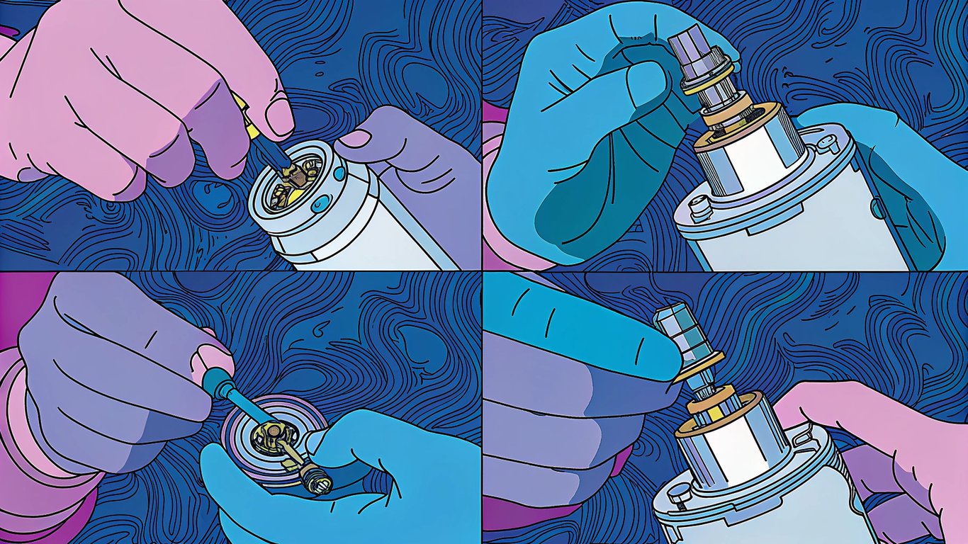 Illustrated steps for assembling and filling a vape pen, showing coil installation and e-liquid refill.