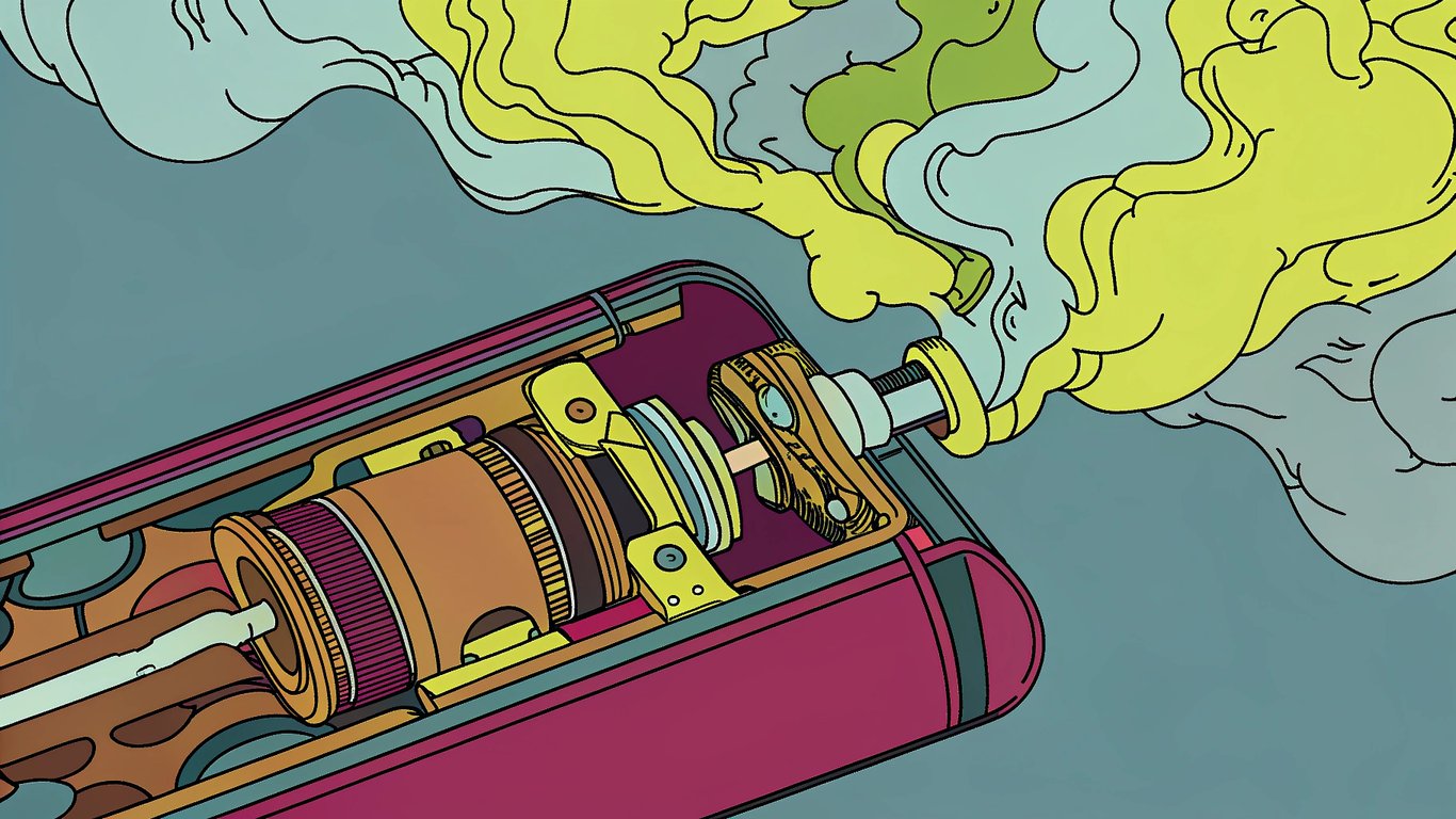 Diagram illustrating the internal components of a vape device and how e-liquid is heated into vapor.
