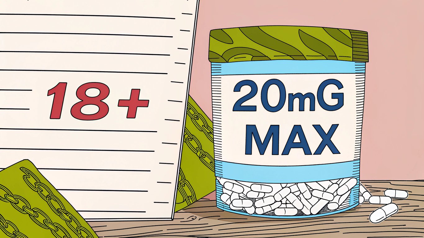 Illustration of legal documents showing '18+' age restriction and '20mg max' nicotine limit, symbolizing bahrain's vape regulations.