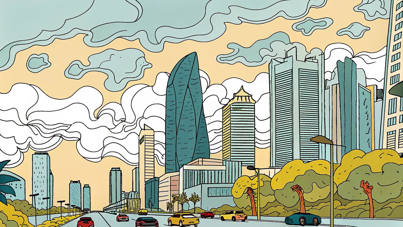 Digital illustration of bahrain's cityscape with vape clouds, symbolizing a regulated and accessible vape market.