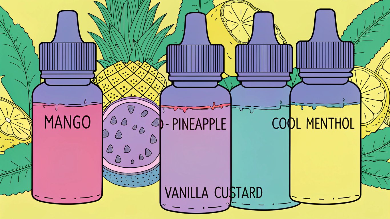 Illustration of vape juice bottles displaying popular flavors in bahrain, including tropical fruits, menthol, and dessert profiles.