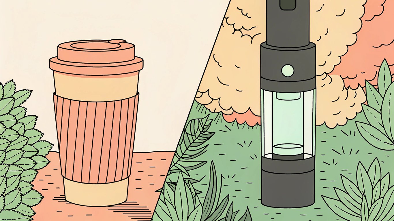 Illustration comparing freebase nicotine (represented by a bold coffee cup) and salt nicotine (represented by a smooth cold brew glass) with different vape devices.