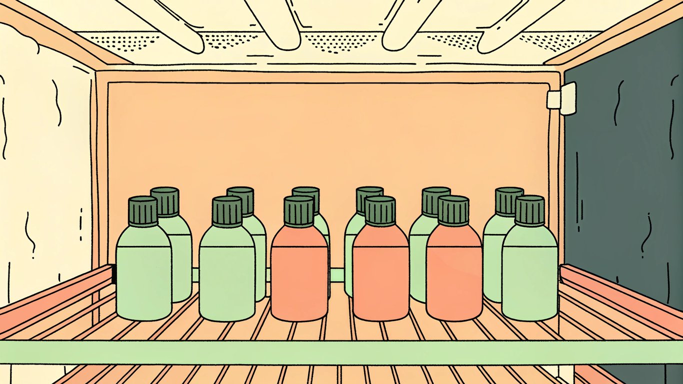 Illustration of e-liquid bottles stored in a cool, dark cupboard.