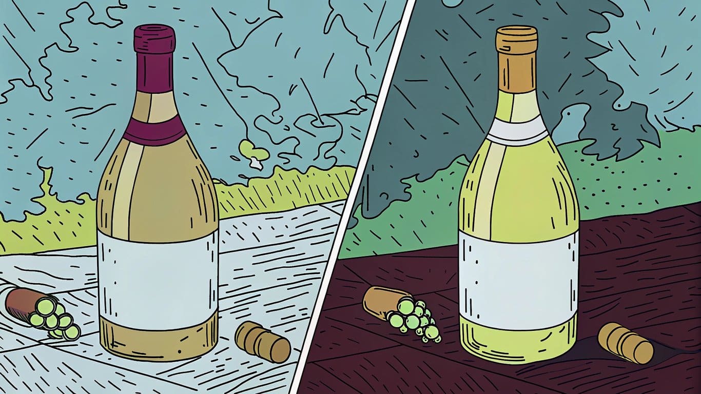 Illustration comparing a pristine, sealed wine bottle to an opened, degrading one.