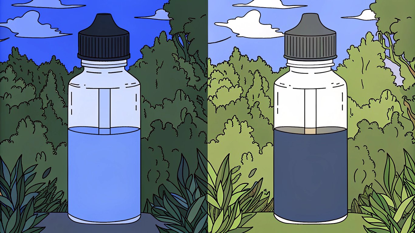 Comparison of fresh e-liquid (clear, homogeneous) and degraded e-liquid (dark, separated layers).