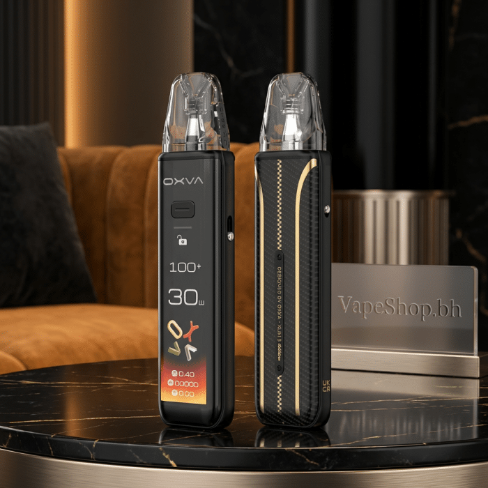 **oxva xlim 3 ultra** kit angled view revealing button activation and 1500mah battery indicator on sharp display.