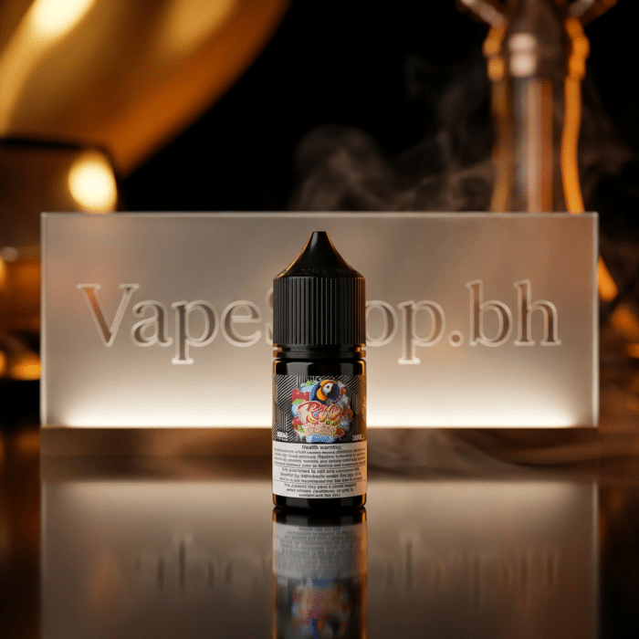 Closeup of rio e-liquids saltnic nic salt e-liquid, vibrant mangosteen guava flavor bottle in bahrain vape shop