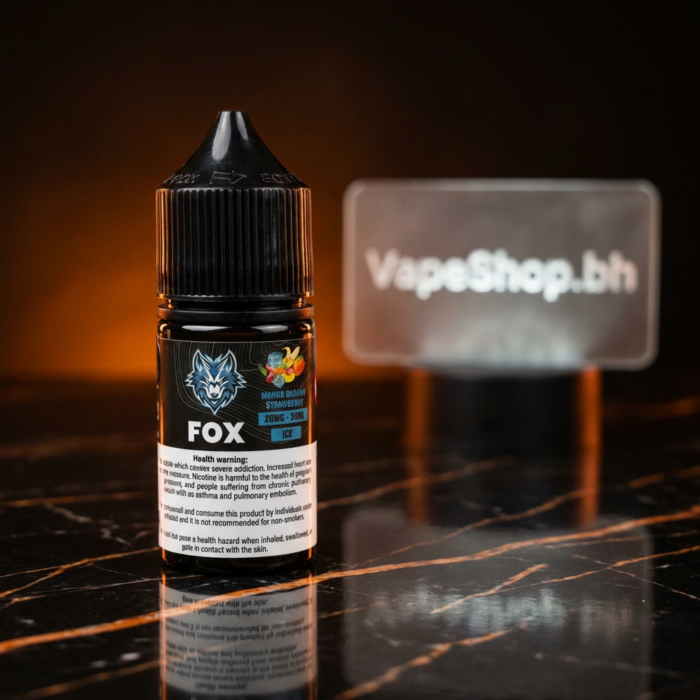 Close-up of fox e-liquids saltnic e-juice, saltnic flavor in clear bottle for bahrain vapers.