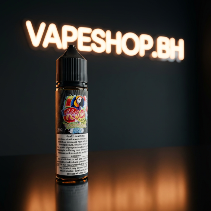 Close-up of rio freebase e-liquid in clear bottle, smooth freebase vape flavor option.