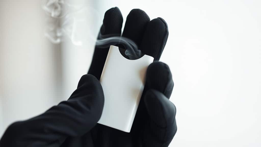 A close-up of a sleek, white nicotine pouch held between gloved fingers, with a faint mist of vapor swirling around it, set against a clean, modern backdrop that hints at a smoke-free future. The image radiates calm, clarity, and the promise of quitting smoking.