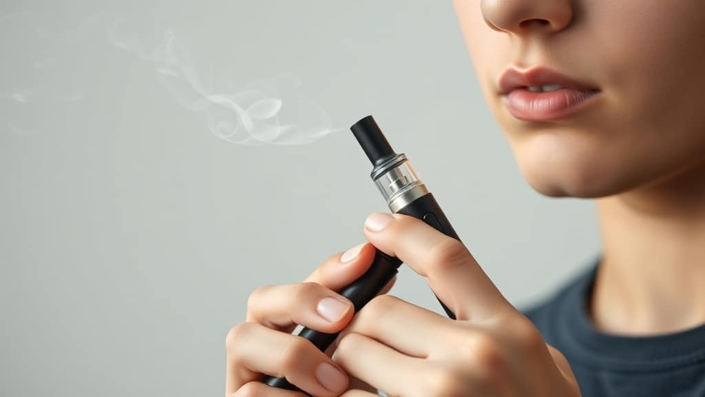 A close‑up of a young adult holding a sleek, modern vape pen, with a gentle swirl of vapor forming a subtle, airy cloud against a clean, neutral background, exuding calm curiosity and safety. The device’s ergonomic design and soft glow hint at beginner‑friendly innovation, inviting viewers to explore vaping safely.