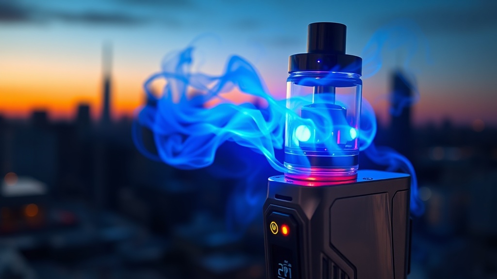 A close‑up of a sleek, chrome vape mod with glowing LED power indicators, emitting a vibrant blue vapor swirl that dissolves into a stylized city skyline at twilight, evoking advanced power and sophisticated customization.