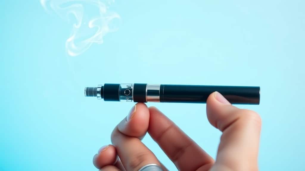 A vibrant, close‑up shot of a sleek disposable vape pen held by a confident hand, emitting a swirling, translucent vapor cloud that forms subtle, safe shapes like a gentle wave or a small heart, with a soft blue and teal gradient background and subtle sparkles to evoke a modern, tech‑savvy vibe.