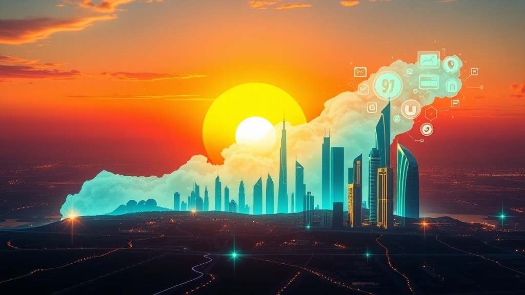 A vibrant, futuristic illustration of Bahrain’s skyline at sunset, with a translucent vape cloud forming the country’s outline, surrounded by glowing data bars and digital icons representing vaping statistics in neon teal and gold tones.
