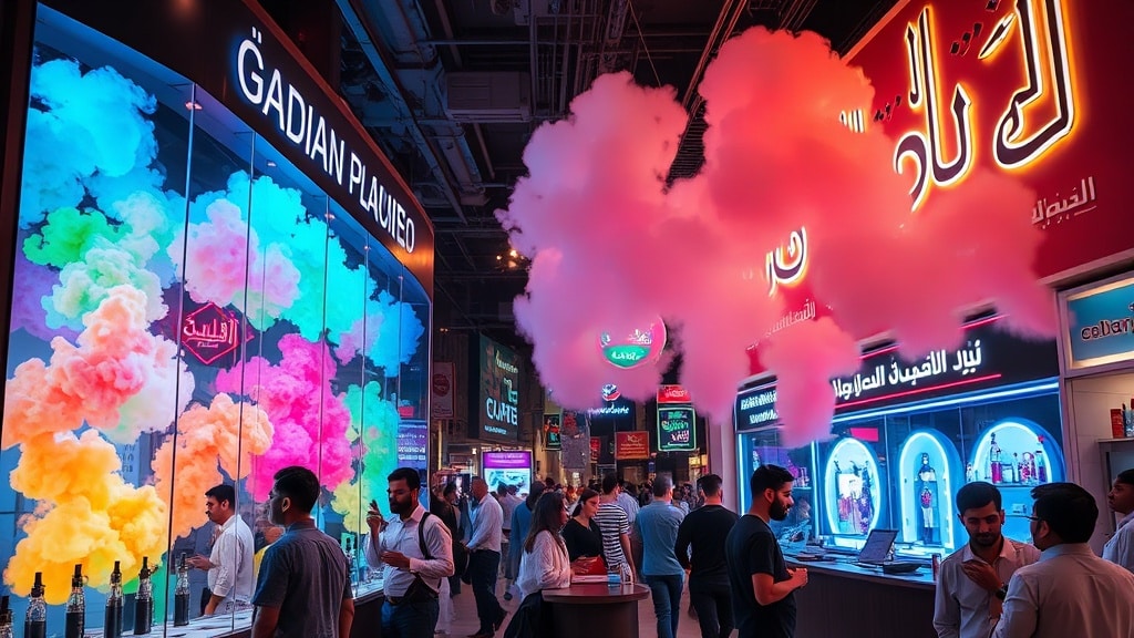 Vibrant, neon‑lit vape shop in downtown Manama, with sleek glass displays of colorful vapor clouds, Arabic calligraphy etched into the walls, and locals sampling modern devices amid a bustling street scene.