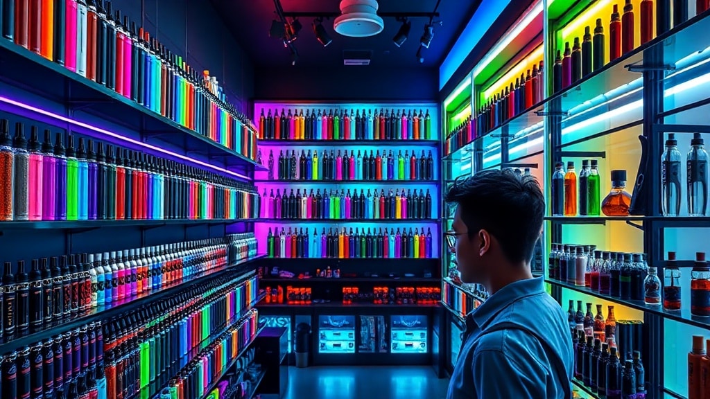 A vibrant, high‑detail interior of a modern vape shop, shelves packed with sleek vape pens in rainbow colors and unique shapes, glowing LEDs and soft ambient lighting, a curious shopper in the foreground exploring the options.
