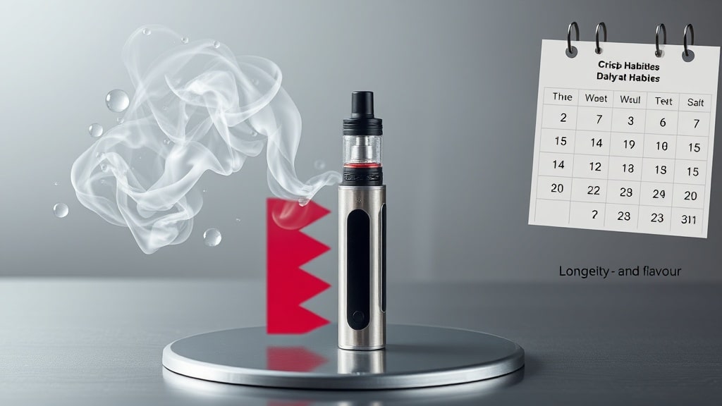 A sleek, modern vape device sits on a polished metal surface, emitting a swirling, glowing vapor cloud that subtly forms the Bahrain flag, while crisp e-liquid droplets and a calendar marked with daily habits surround it, emphasizing longevity and flavor.