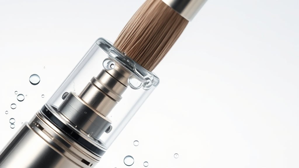 A close‑up of a sleek vape pen with a translucent drip tip being gently cleaned by a small brush, surrounded by sparkling droplets of water and cleaning solution, showcasing the transformation from sticky residue to crystal‑clear shine. The background features a soft gradient that highlights the pristine, gleaming finish of the cleaned accessory.