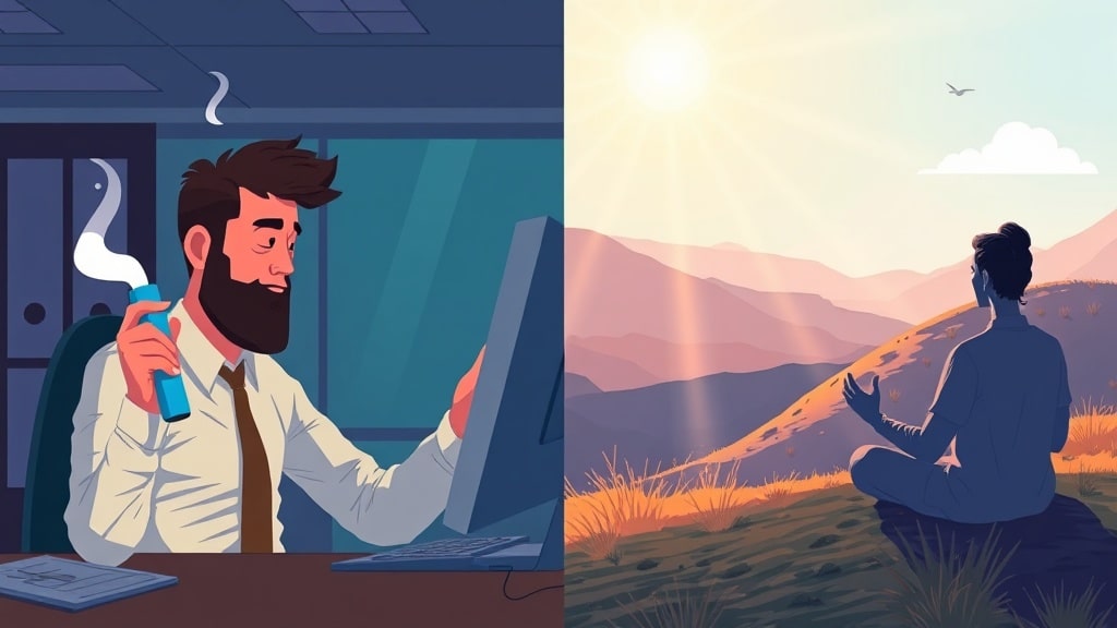 A split-screen illustration: one half shows a stressed office worker holding a glowing vape pen in a dimly lit cubicle, while the other half displays a calm figure meditating on a sunlit hillside. The contrasting color palettes and lighting emphasize the tension between quick fixes and sustainable wellness.