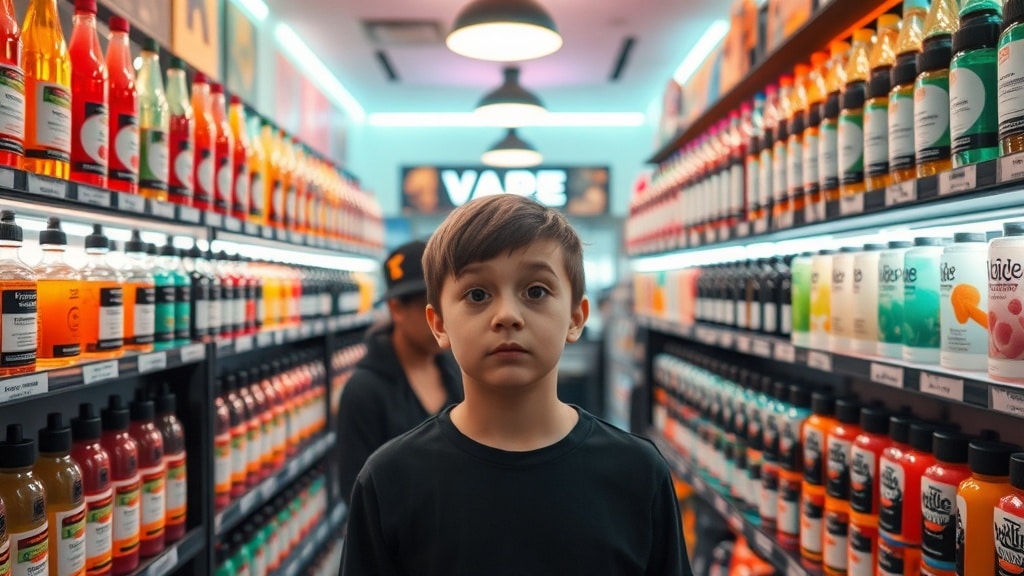 A bustling vape shop interior with shelves of translucent, brightly colored bottles that look like candy, each labeled with playful fruit and dessert names, while a curious beginner stands in the middle, eyes wide, surrounded by pastel lighting and a soft glow.