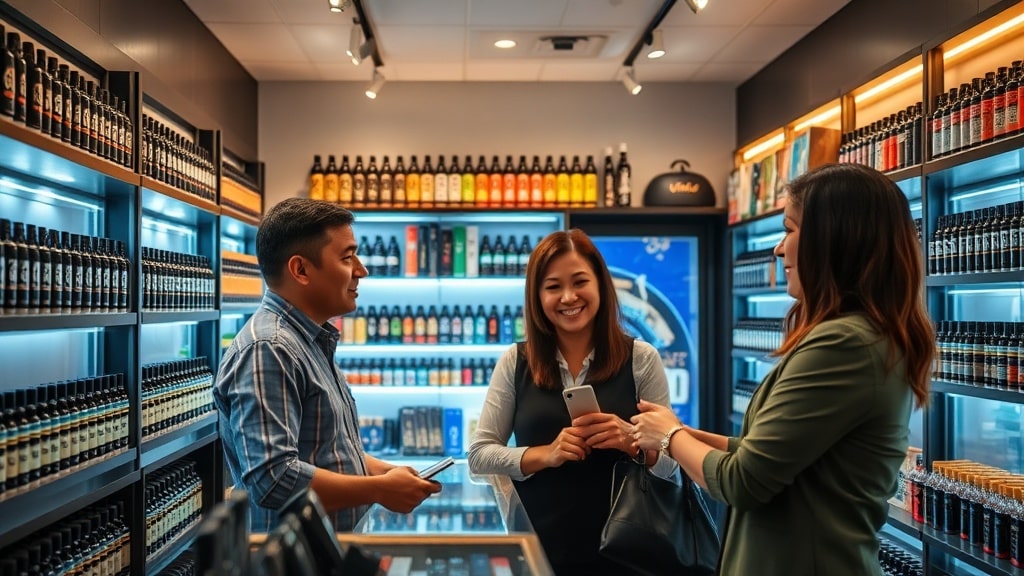 A bright, inviting vape shop interior with neatly arranged shelves of colorful vape cartridges, a knowledgeable staff member guiding a customer, all bathed in warm, ambient lighting that highlights the variety of products. The scene conveys trust and expertise, with a subtle focus on product details and friendly interaction.
